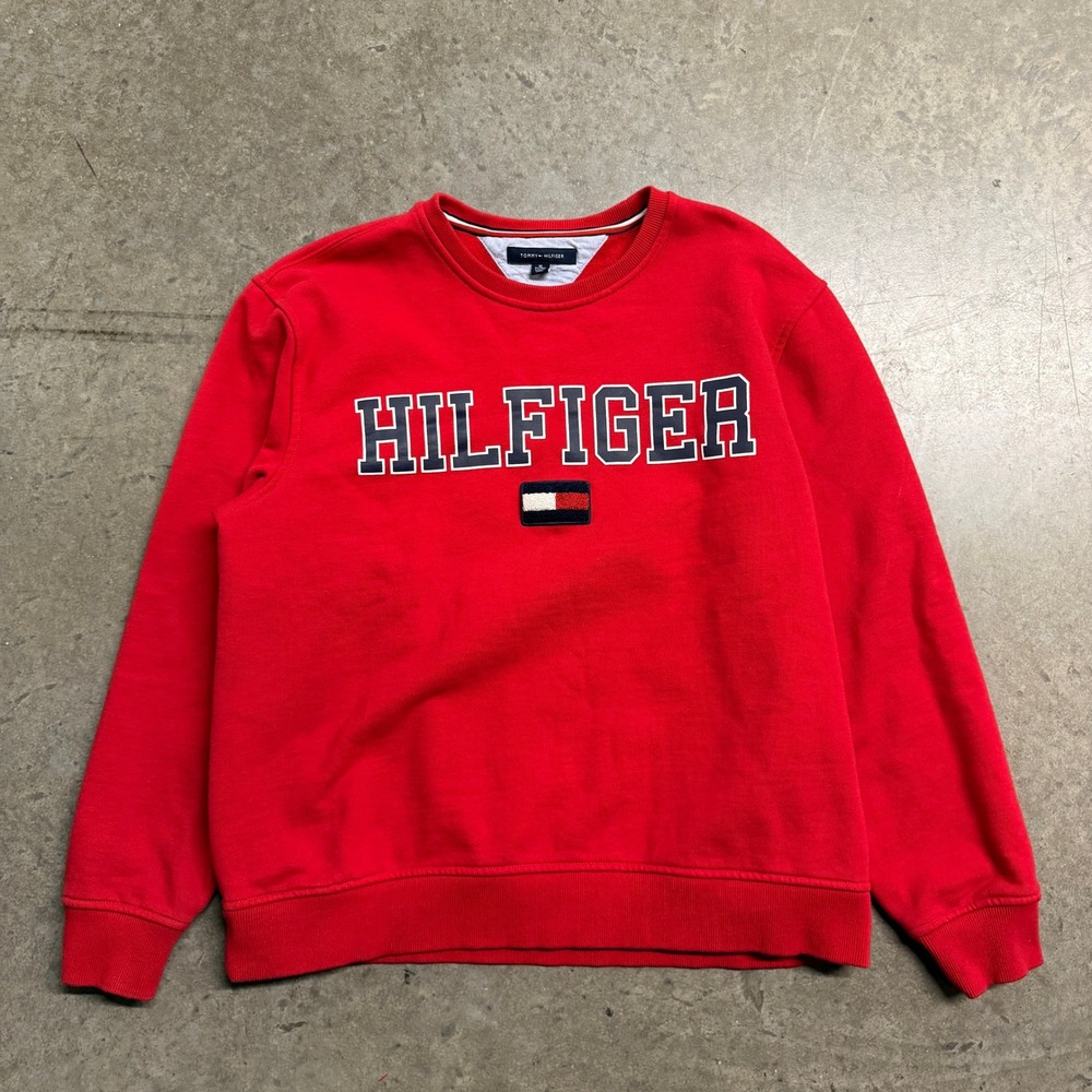 Tommy Hilfiger Mens Red Spellout Logo Crewneck‎ Sweatshirt M Fleece Pullover